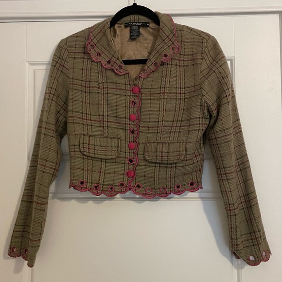 Rampage Crop Jacket, pink and brown plaid on tan. Fully lined. size S - Picture 2 of 6